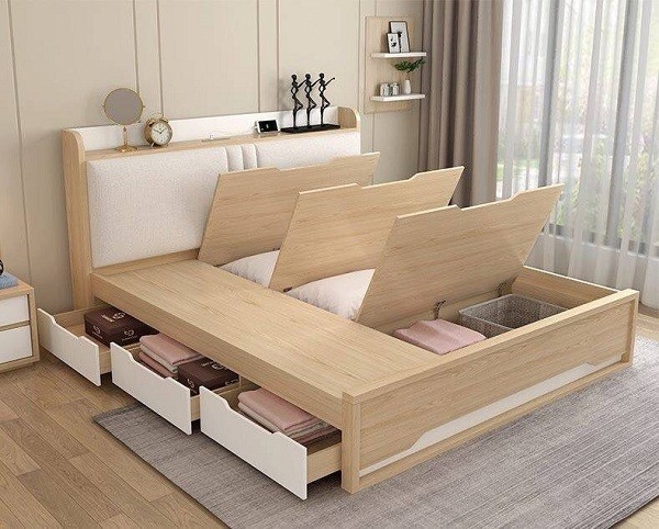Giường hộp gỗ đẹp, thiết kế đế bằng tiện lợi cho phòng ngủ nhỏ