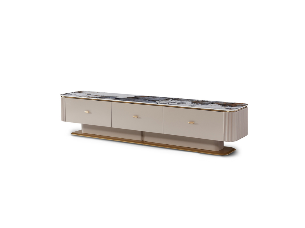 Kệ tivi Orvessa KT8801-20 chụp tổng thể trên nền trắng, góc nhìn chéo từ trên xuống, làm nổi bật các đường nét bo tròn mềm…