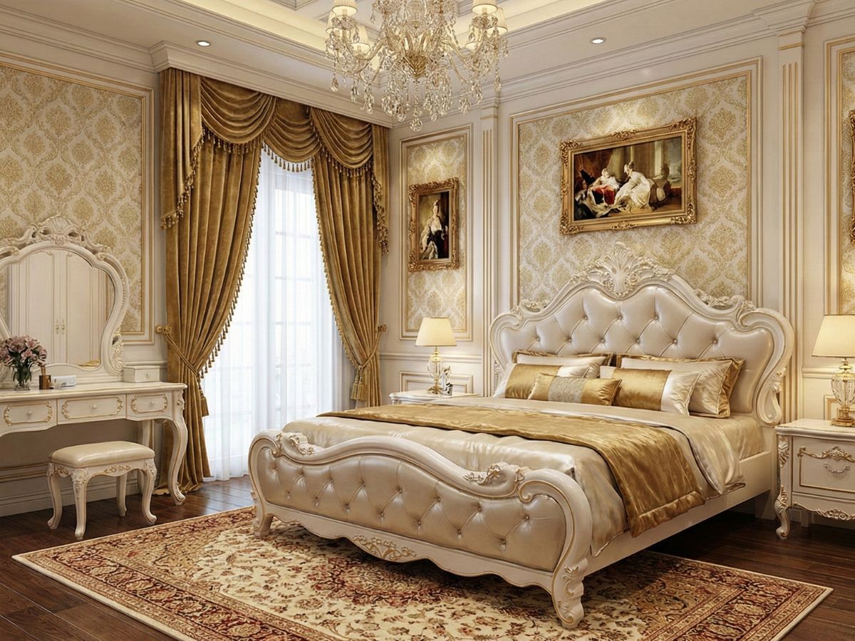 Giường French White GIX06-18 khung trắng ngọc trai, đầu giường bọc da chần nút