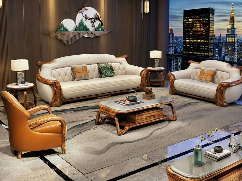 Bộ sofa gỗ mun nhập khẩu SB8103-124 được bài trí trong không gian phòng khách luxury, chụp góc rộng. Bộ sản phẩm gồm các b…