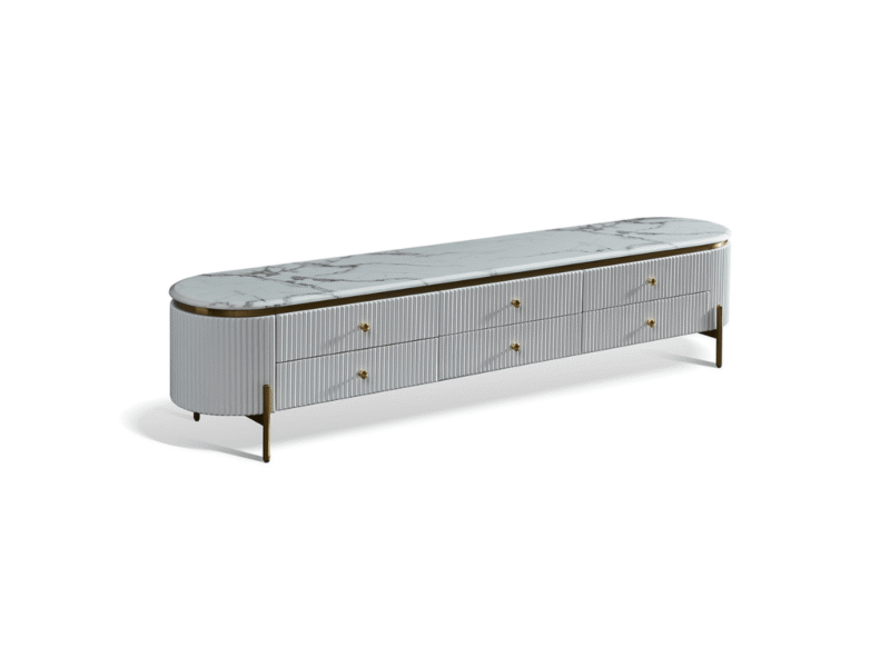 Kệ tivi mặt đá nhập khẩu KTQD152-20 được chụp từ góc hơi chếch phía trước, nổi bật với kiểu dáng hình oval bo tròn mềm mại…