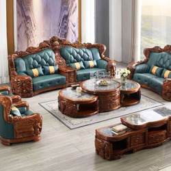 Bộ sofa gỗ Mun tân cổ điển SB05-1124 được chụp từ góc rộng trong không gian phòng khách sang trọng, trưng bày đầy đủ gồm h…