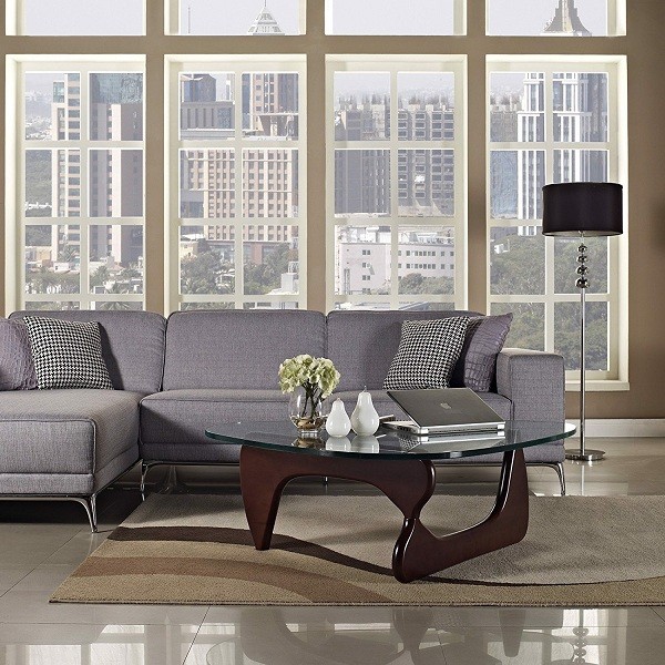 Bàn trà mặt kính chân gỗ hai chân uốn lượn kiểu Noguchi