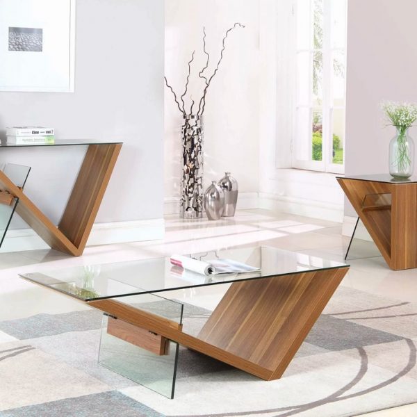 Bàn trà mặt kính chân gỗ thiết kế phá cách
