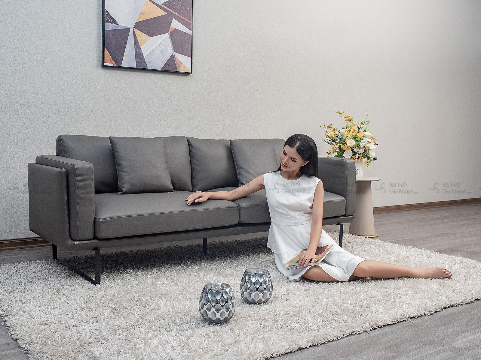 Sofa Bọc Da Thật 100% Hiện Đại Cho Chung Cư SB0064T-3