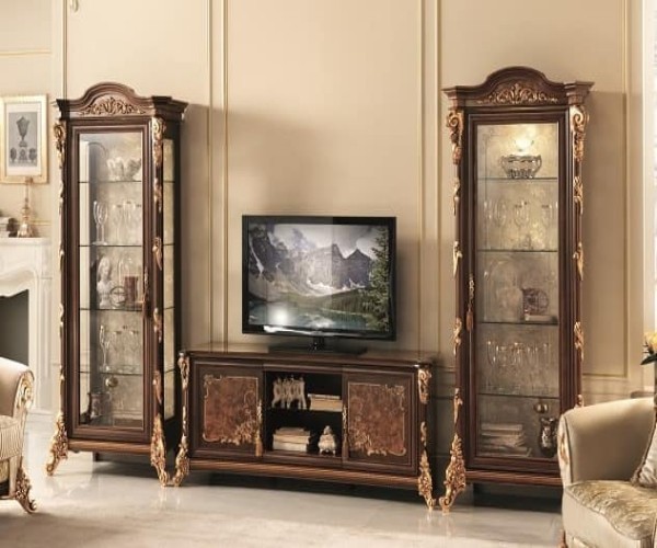 Bộ tủ kệ tivi tân cổ điển cánh vàng gỗ sồi kính