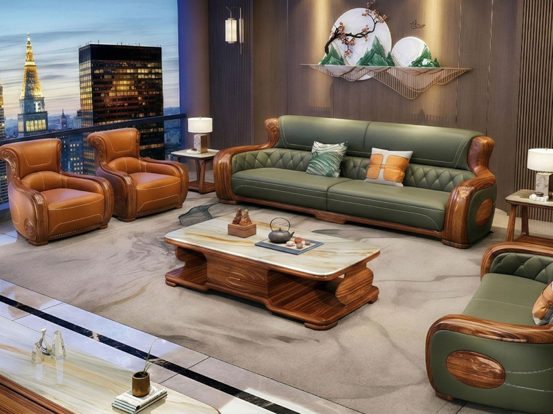 Toàn cảnh bộ sofa gỗ mun SBD56-1125 phong cách hiện đại luxury trong phòng khách rộng, nhìn từ trên cao xuống. Bộ sản phẩm…