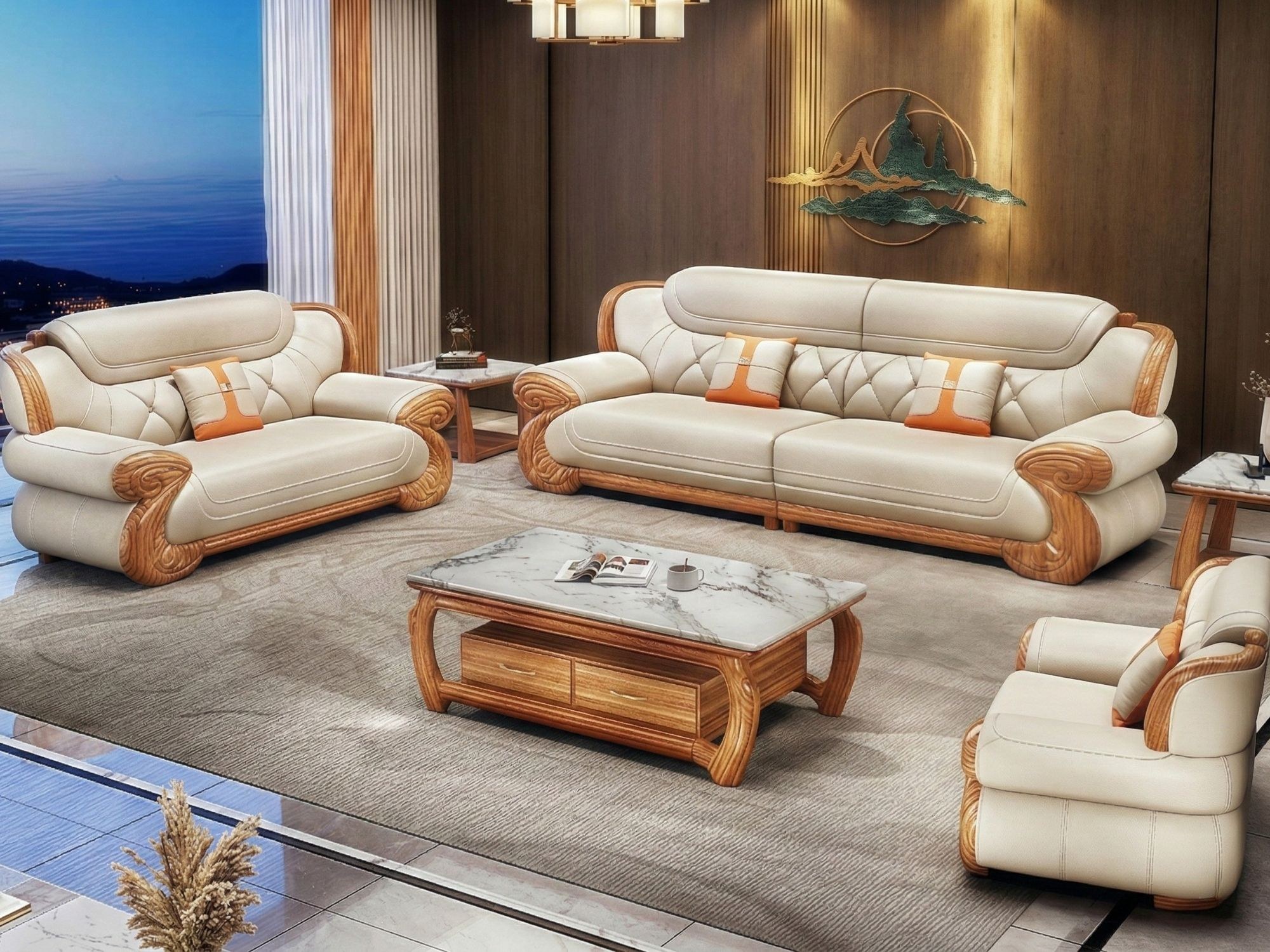 Bộ sofa gỗ Mun SB192-124 được bài trí trong không gian phòng khách hiện đại, sang trọng. Góc chụp rộng từ trên cao cho thấ…