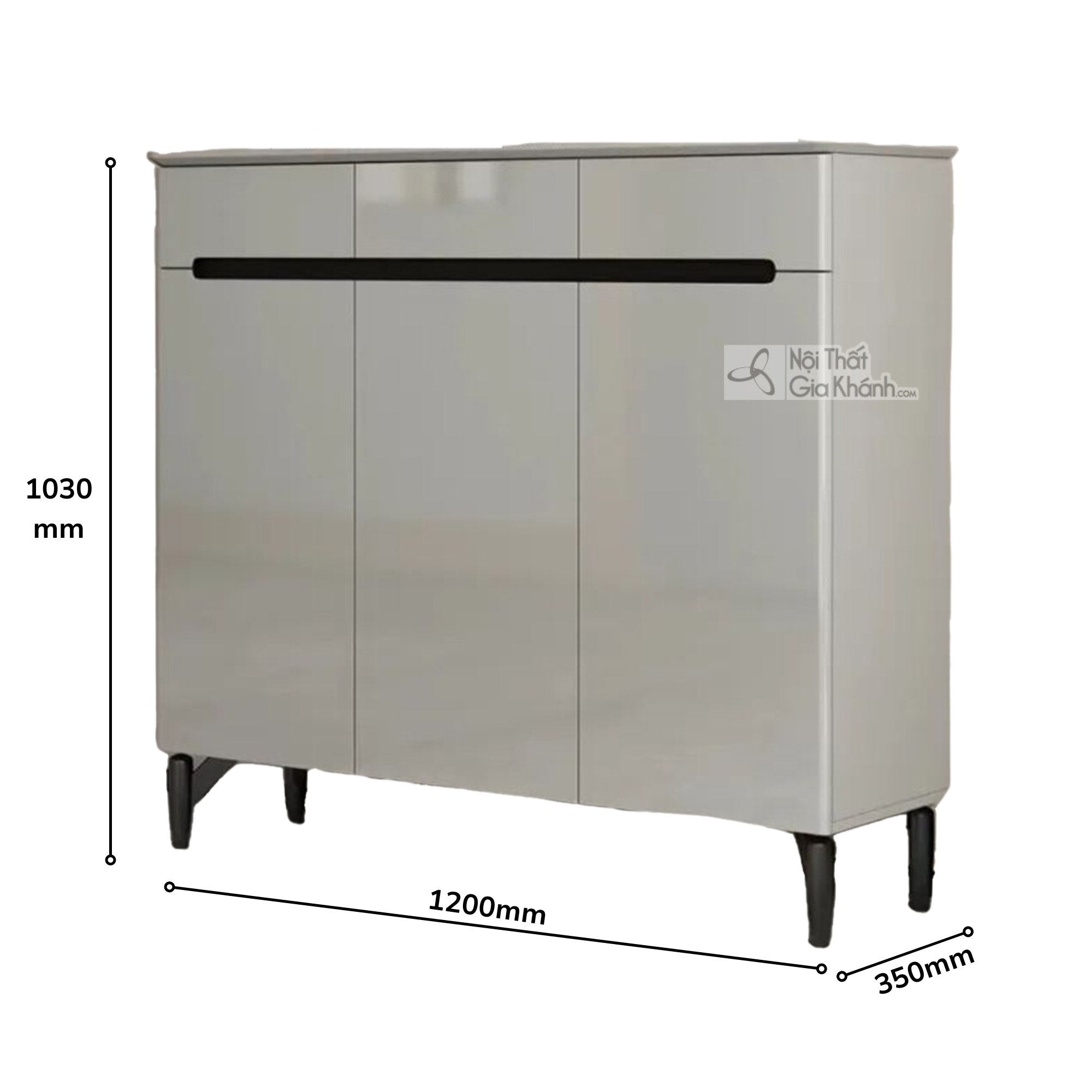 Hình ảnh tủ giày hiện đại TDA-120 chụp nghiêng 3/4 trên nền trắng, tập trung vào sản phẩm và các thông số kích thước chi t…