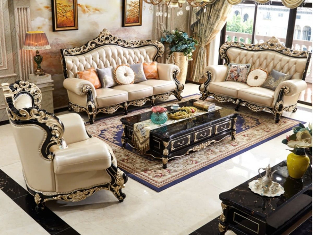 Bộ sofa tân cổ điển SB830-123 gồm một ghế đơn, một băng hai và một băng ba, được chụp từ góc trên cao trong không gian phò…