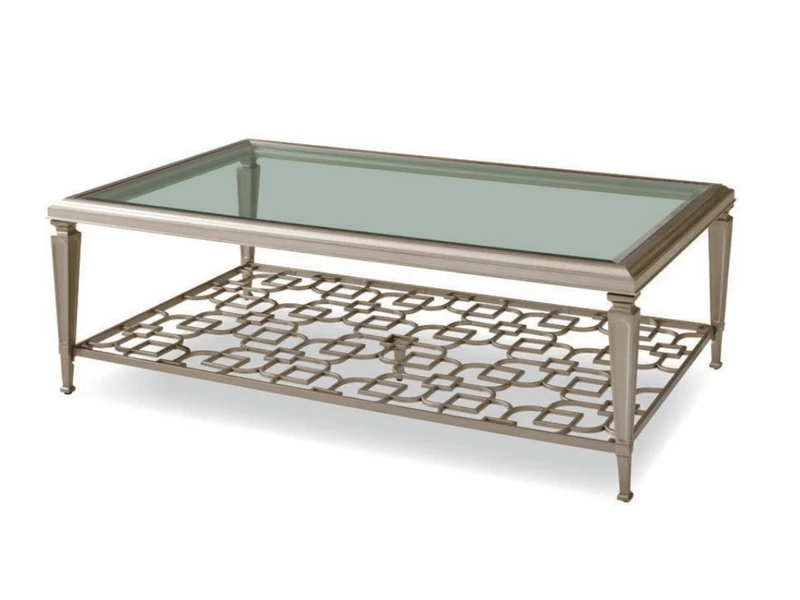 Bàn trà BTM102-142 phong cách Mỹ chụp chính diện trên nền trắng, nổi bật thiết kế hình chữ nhật sang trọng. Mặt bàn kính c…