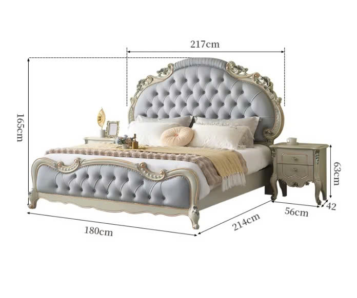 Hình ảnh minh họa kích thước chi tiết của Giường Ngủ Tân Cổ Điển GI9022-18 và tủ đầu giường. Giường dài 214cm, rộng 217cm…