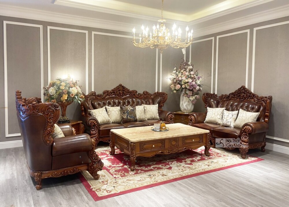 Cận cảnh hơn bộ sofa SB998GG-123 từ góc nhìn hơi chếch về bên phải, tập trung vào sự kết hợp hài hòa giữa chất liệu da bò…