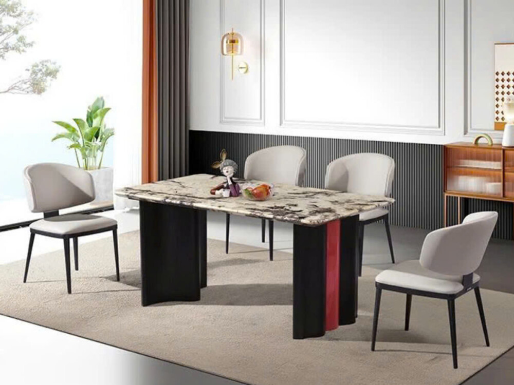 Bộ bàn ăn hiện đại BA25162B gồm bàn mặt đá tự nhiên và bốn ghế ăn, được chụp toàn cảnh trong một phòng ăn sáng sủa. Mặt bà…