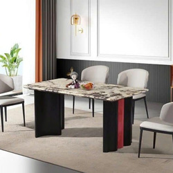 Bàn ăn 1M6 mặt đá tuyết xanh tự nhiên BA25162B được chụp từ góc chính diện, hơi chếch trái, nổi bật với mặt đá vân mây trắ…