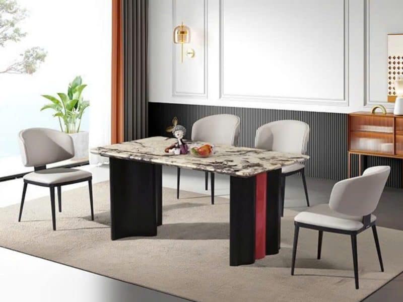 Bàn ăn 1M6 mặt đá tuyết xanh tự nhiên BA25162B được chụp từ góc chính diện, hơi chếch trái, nổi bật với mặt đá vân mây trắ…