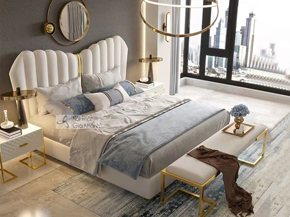 Giường ngủ bọc da luxury GI801-18 được chụp từ góc trên cao, tổng thể căn phòng ngủ hiện đại. Đầu giường bọc da màu trắng…