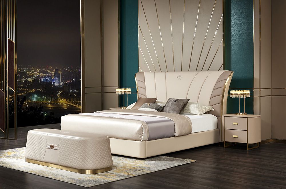 Giường bọc da Luxury GIQF809-18 được chụp toàn cảnh từ góc rộng, thể hiện rõ vẻ đẹp tổng thể của sản phẩm trong không gian…