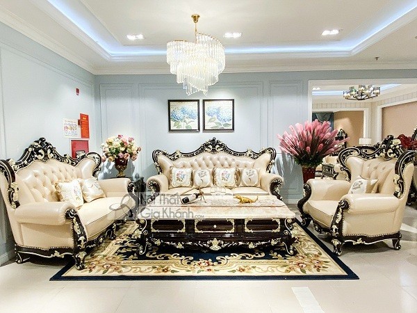 Bộ sofa màu kem khung gỗ chạm khắc viền đen và vàng
