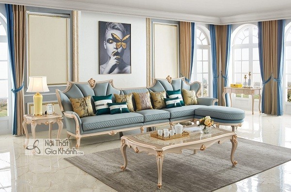 Sofa góc chữ L màu xanh phong cách tân cổ điển