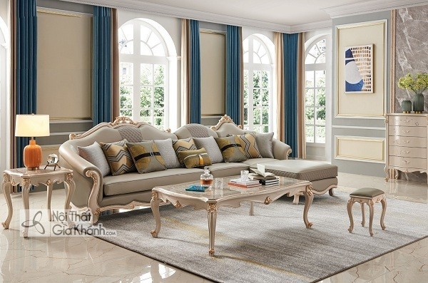 Sofa góc chữ L màu be phong cách tân cổ điển kèm bàn trà