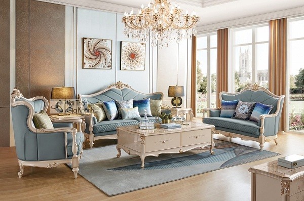 Bộ sofa màu xanh dương phong cách tân cổ điển kèm bàn trà