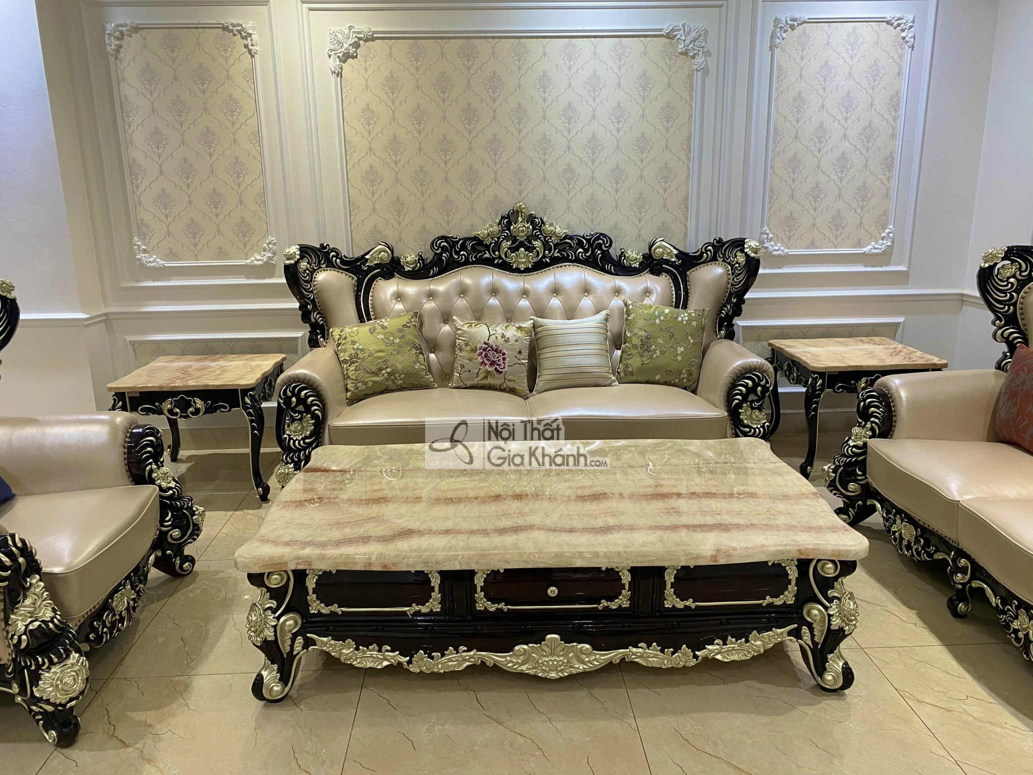 Bàn trà tân cổ điển kích thước lớn BT926G mặt đá cao cấp chân dát vàng