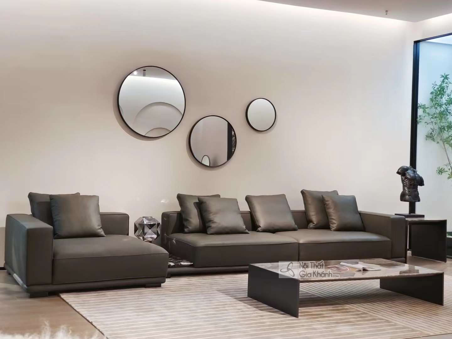 Sofa da bò Ý góc phải phong cách Ý hiện đại màu xám đen tại Gia Khánh