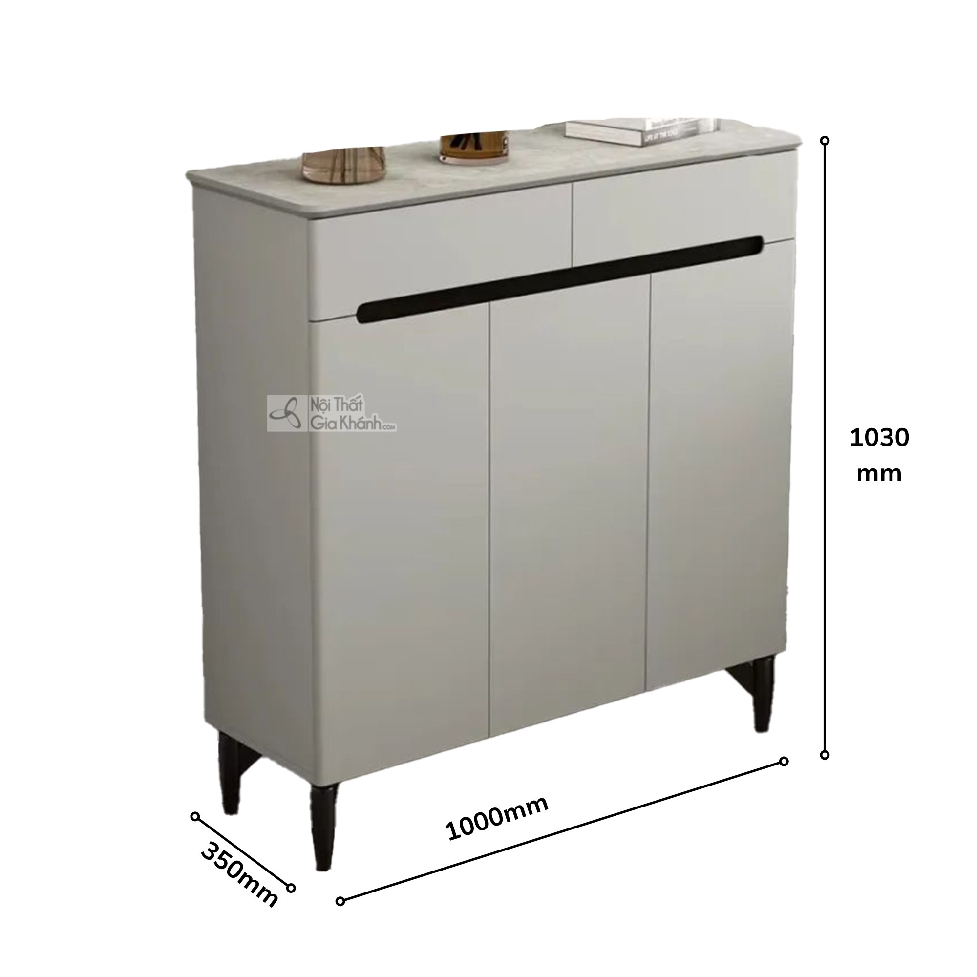 Ảnh phối cảnh 3D của tủ giày TDA-100 màu xám nhạt, hiển thị chi tiết các kích thước chuẩn: dài 1000mm, rộng 350mm và cao 1…