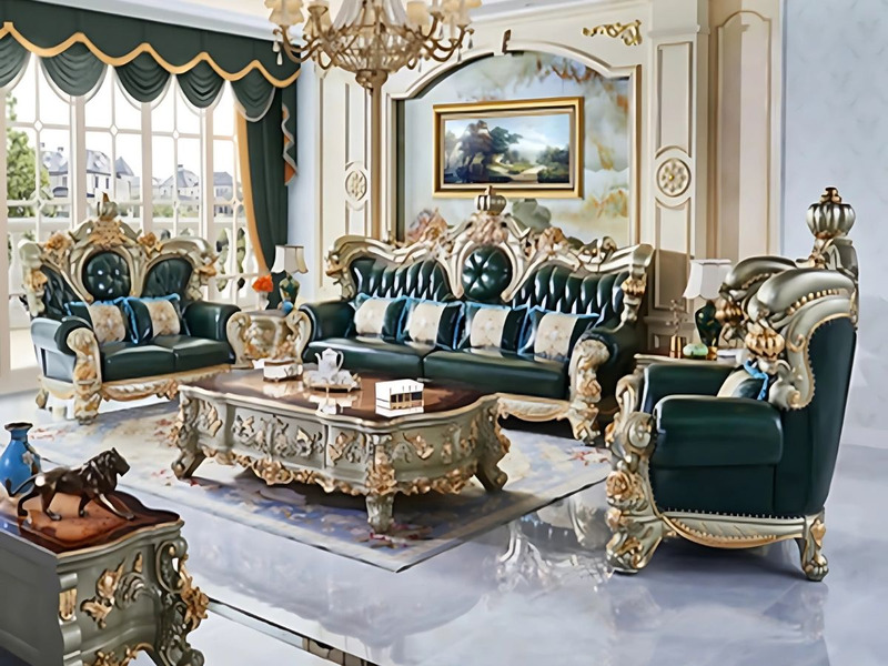 Bộ sofa tân cổ điển SB989-124 màu xanh rêu, gồm sofa băng dài, băng đôi, ghế đơn và bàn trà, bàn góc, đặt trong phòng khác…