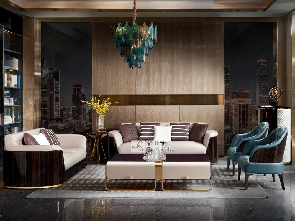 Bộ sofa Thanh Lịch 1123 Luxury được bố trí trong không gian phòng khách sang trọng, chụp chính diện. Bộ sản phẩm gồm một s…