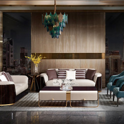 Bộ sofa Thanh Lịch 1123 Luxury được bố trí trong không gian phòng khách sang trọng, chụp chính diện. Bộ sản phẩm gồm một s…