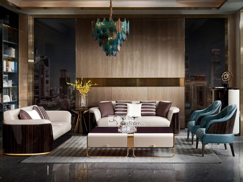 Bộ sofa Thanh Lịch 1123 Luxury được bố trí trong không gian phòng khách sang trọng, chụp chính diện. Bộ sản phẩm gồm một s…