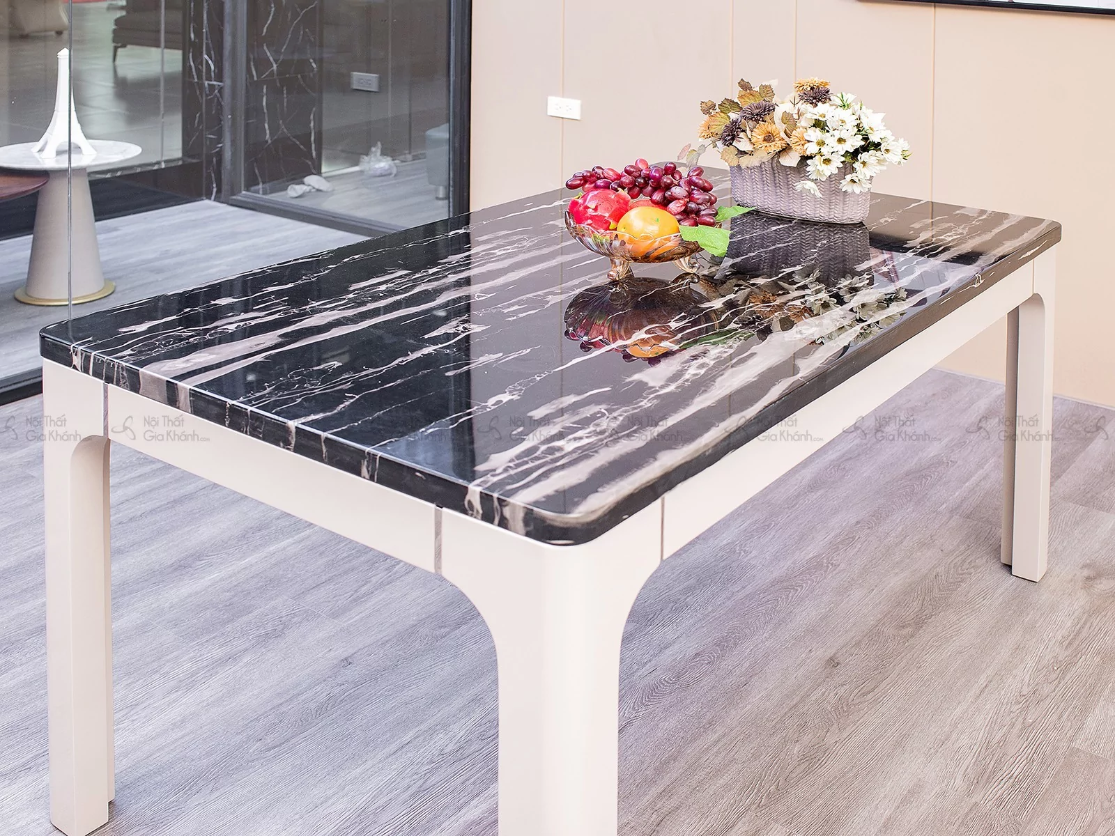 Bàn ăn mặt đá cẩm thạch nhập khẩu BA3310 nền đen vân trắng 6 ghế