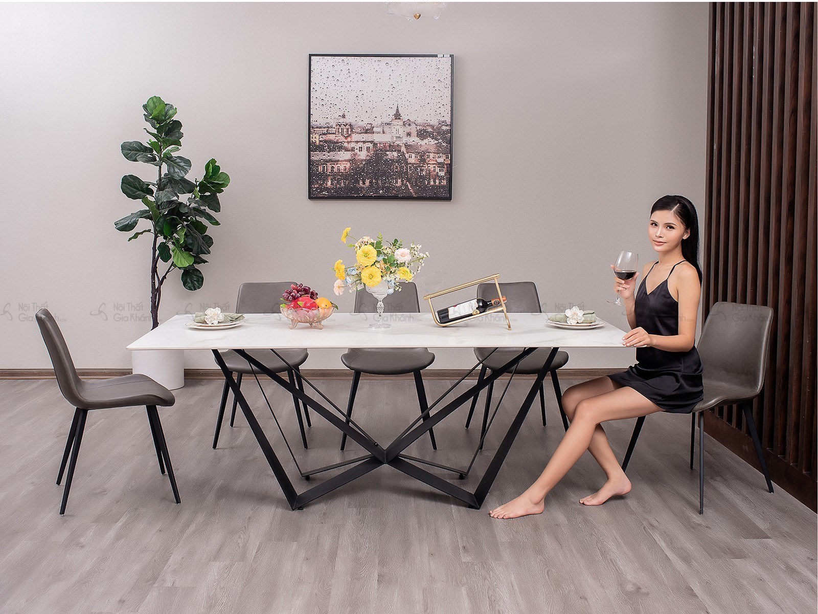Bàn ăn mặt đá nham thạch nhập khẩu cao cấp LKT1011 phong cách Ý 1m8