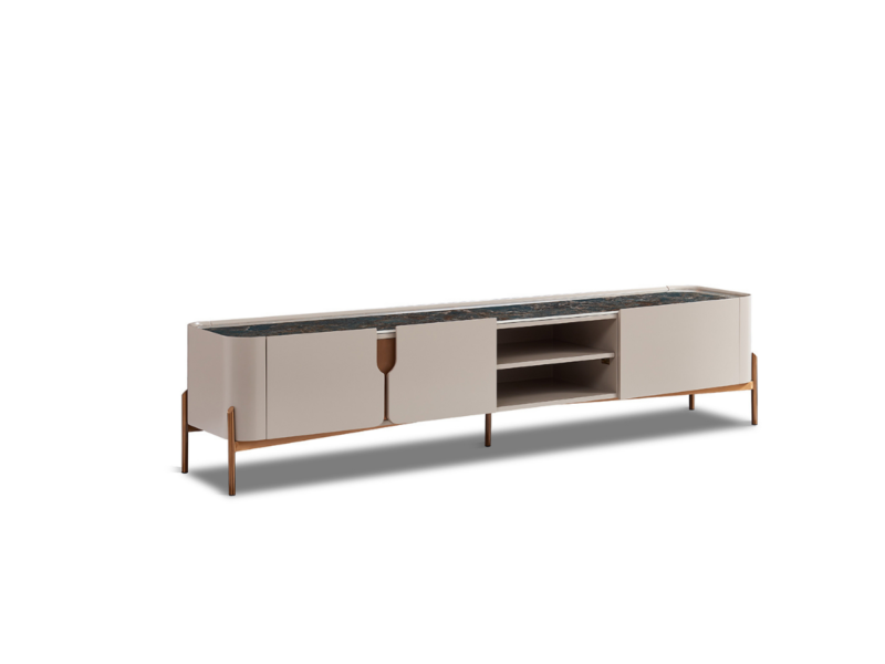Kệ tivi mặt đá sang trọng KT8808-20 được chụp từ góc hơi nghiêng, làm nổi bật thiết kế bo cong mềm mại và các chi tiết châ…