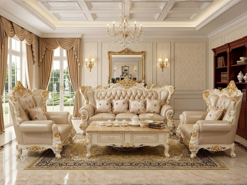 Toàn cảnh bộ sofa tân cổ điển SB923H-113 trong phòng khách luxury, gồm 01 băng 3 và 02 băng 1 bọc da màu kem. Khung gỗ Sồi…