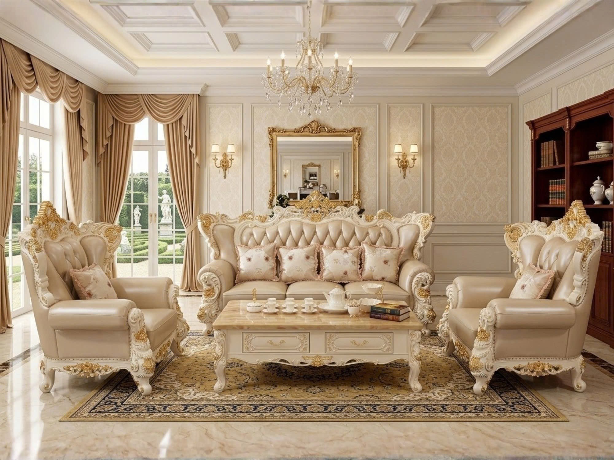 Toàn cảnh bộ sofa tân cổ điển SB923H-113 trong phòng khách luxury, gồm 01 băng 3 và 02 băng 1 bọc da màu kem. Khung gỗ Sồi…
