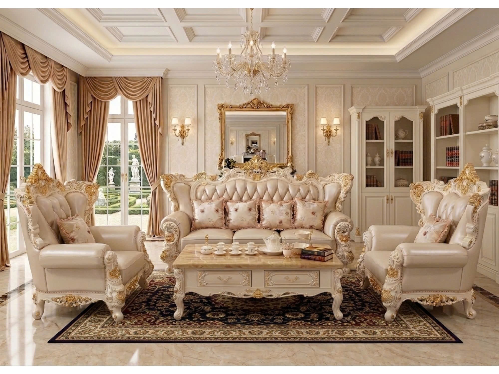 Góc chụp rộng hơn của bộ sofa tân cổ điển SB923H-113 trong không gian phòng khách sang trọng. Bộ sản phẩm gồm ghế băng 3 v…