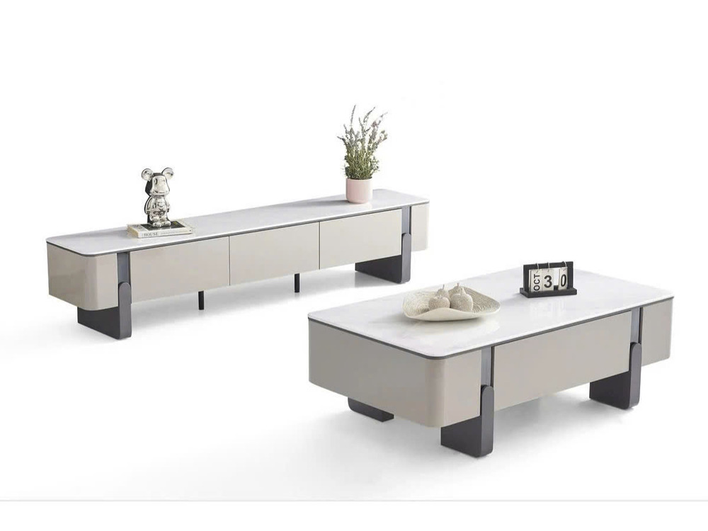 Bộ đôi nội thất phòng khách hiện đại gồm bàn trà BT6209-14 và kệ tivi đồng bộ. Cả hai sản phẩm đều có mặt đá vi tinh thể t…