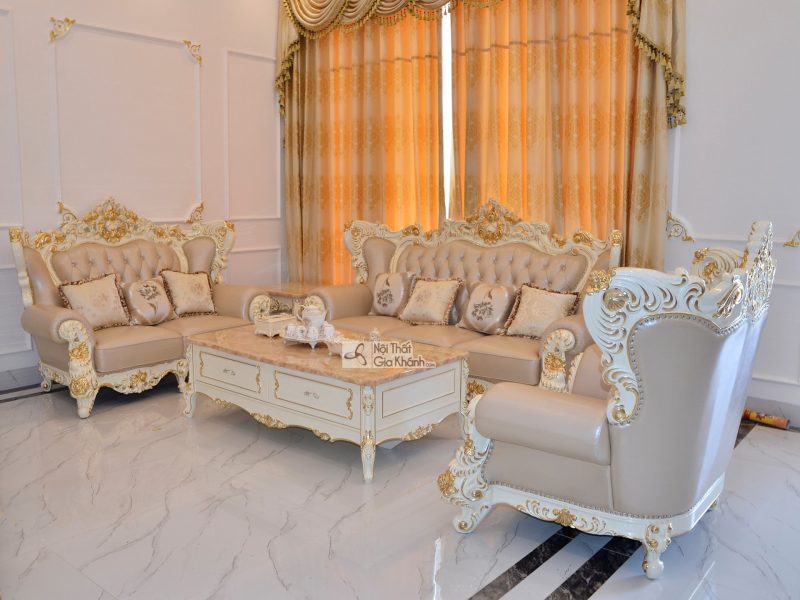 Bộ sofa khung gỗ óc chó tone nâu đỏ phong cách tân cổ điển Pháp cho biệt thự