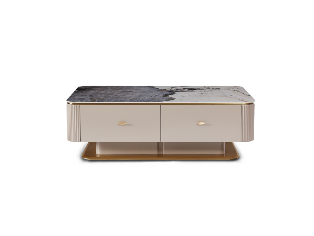 Bàn trà mặt đá Luxury BT8801-13 chụp chính diện, thể hiện rõ hai ngăn kéo tiện lợi với tay nắm nhỏ màu vàng đồng. Mặt đá P…