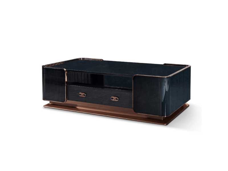 Bàn trà luxury BTGD03-16 được chụp từ góc nghiêng trên cao, nổi bật thiết kế hình chữ nhật bo cong mềm mại. Thân bàn màu đ…