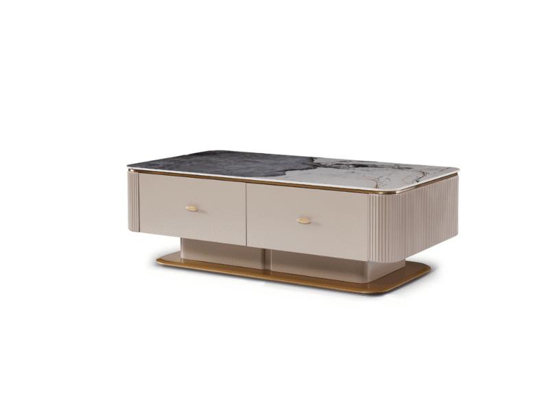 Bàn trà mặt đá Luxury BT8801-13 chụp nghiêng từ góc thấp, nổi bật mặt đá Pandora vân xám trắng và thân bàn màu kem với các…