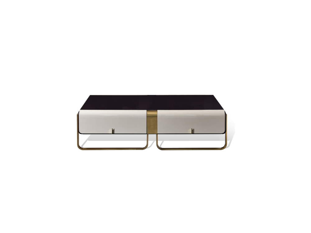 Bàn trà luxury BTGD09-16 được chụp trực diện từ phía trước, tập trung vào thiết kế đối xứng của thân bàn. Mặt bàn gỗ Cẩm L…