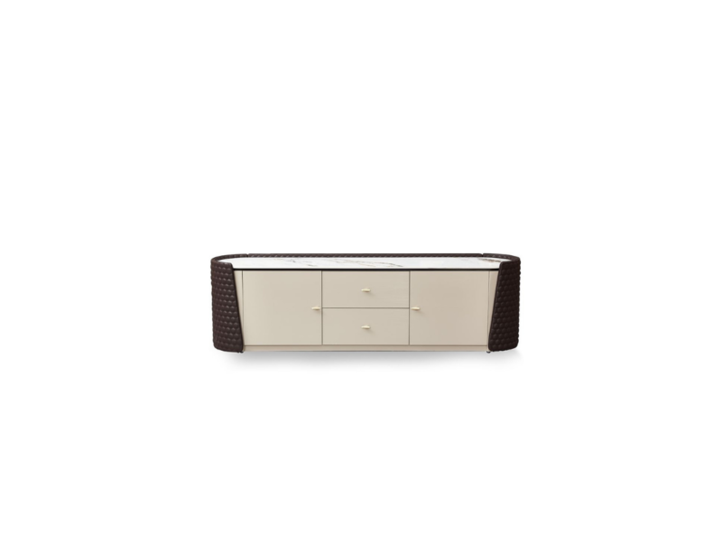 Kệ tivi IMPERIO Luxury KTQ916 chụp trực diện trên nền trắng, thể hiện rõ mặt đá vân nâu và thân tủ màu kem. Thiết kế đối x…