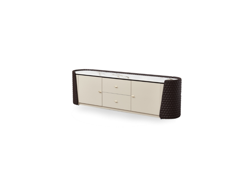 Kệ tivi IMPERIO Luxury KTQ916 nhìn từ góc chéo trên nền trắng, nổi bật sự kết hợp giữa mặt đá vân nâu và thân tủ màu kem…