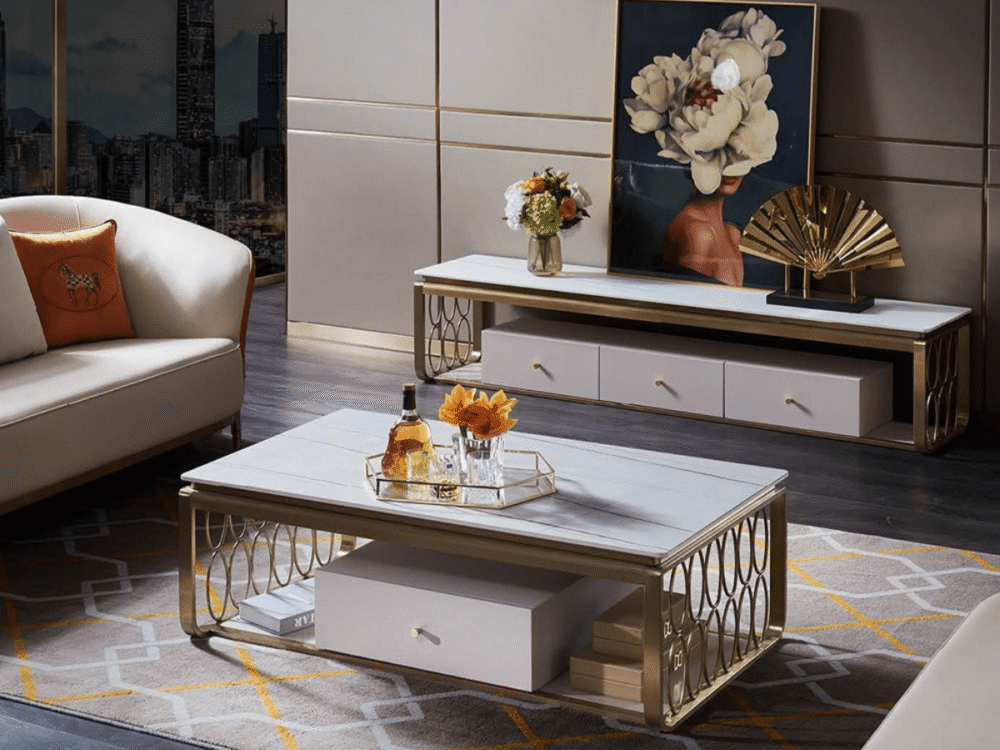 Bàn trà hiện đại QC188-13 được bố trí trong không gian phòng khách luxury, kết hợp hài hòa với kệ tivi đồng bộ và sofa màu…