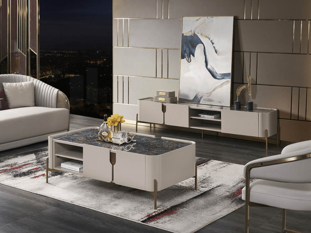 Bàn trà luxury BT8808-13 đặt trong không gian phòng khách sang trọng, phối hợp hài hòa với kệ tivi đồng bộ và sofa màu kem…