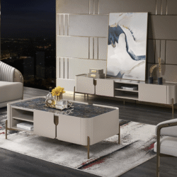 Bàn trà luxury BT8808-13 đặt trong không gian phòng khách sang trọng, phối hợp hài hòa với kệ tivi đồng bộ và sofa màu kem…